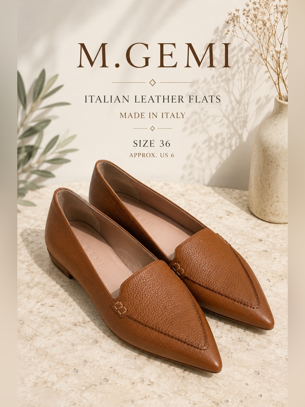M.Gemi Brown Pebbled Leather Pointed Toe Loafer Flats Size 36 Made in Italy
